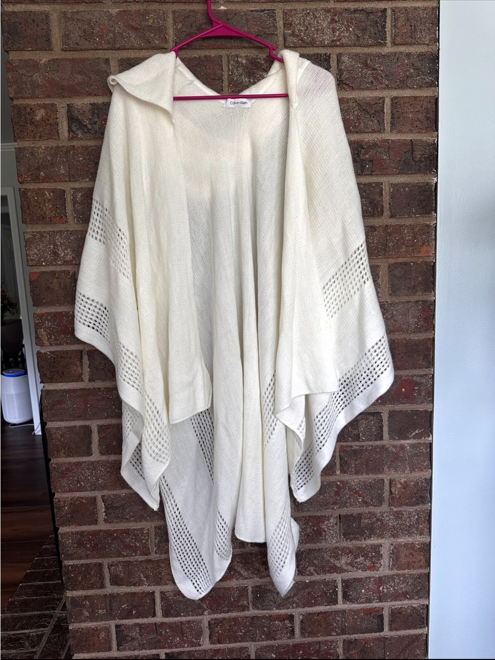 Calvin Klein Cream White Hooded Open Knit Poncho Wrap Sweater One Size